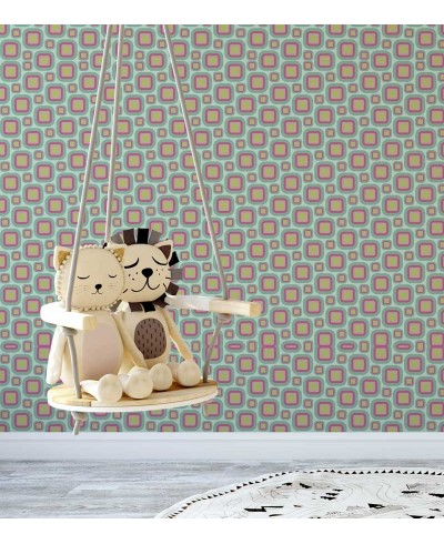 Papel de parede com fundo verde agua e detalhes em cinza, rosa, laranja amarelo - Teen 06