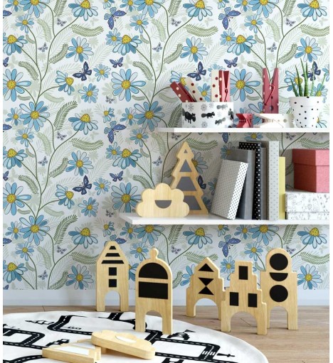 Papel de parede com fundo branco e detalhes em azul marinho, amarelo, cinza, verde e azul claro - Teen16