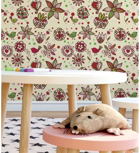 Papel de parede com fundo bege e detalhes em verde, vermelho, marrom e rosa - Teen 18