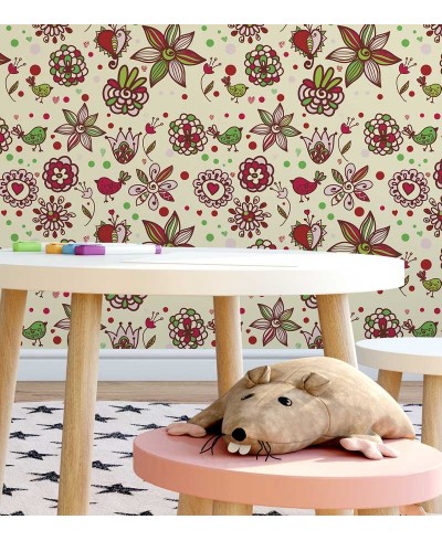 Papel de parede com fundo bege e detalhes em verde, vermelho, marrom e rosa - Teen 18 Papel de parede com fundo bege e detalhes em verde, vermelho, marrom e rosa - Teen 18