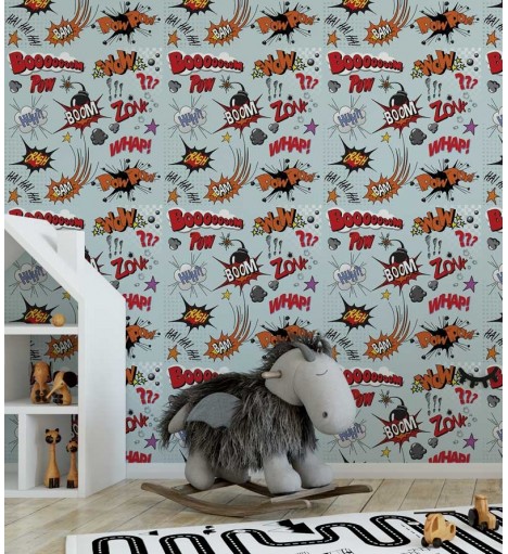 Papel de parede com fundo azul claro e detalhes em vermelho, branco, cinza, preto - Teen 35