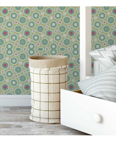 Papel de parede com fundo verde claro e com detalhes em vermelho, verde escuro e bege - Teen 07