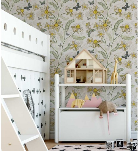 Papel de parede com fundo em bege e detalhes em verde, cinza e tons de amarelo - Teen 17