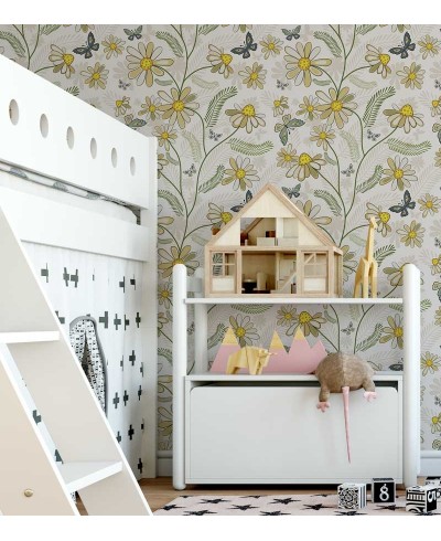 Papel de parede com fundo em bege e detalhes em verde, cinza e tons de amarelo - Teen 17 Papel de parede com fundo em bege e detalhes em verde, cinza e tons de amarelo - Teen 17