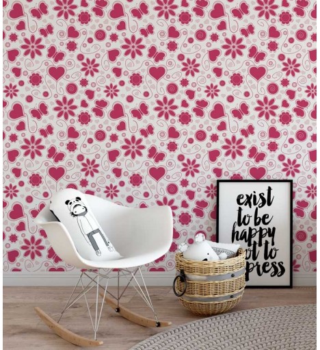 Papel de parede com fundo branco e detalhes em vermelho e rosa claro - Teen 20