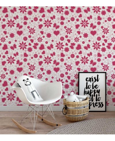 Papel de parede com fundo branco e detalhes em vermelho e rosa claro - Teen 20 Papel de parede com fundo branco e detalhes em vermelho e rosa claro - Teen 20