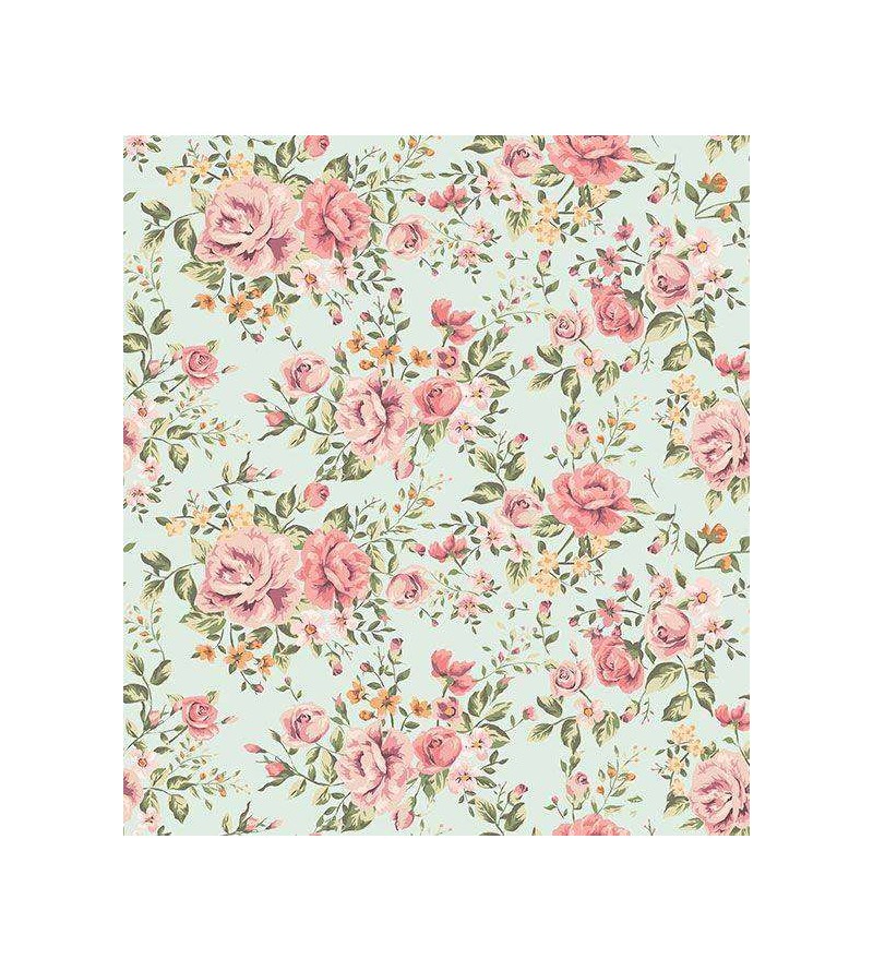 Papel de parede floral em rose, carmim, laranja, fundo em tons verde