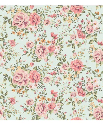 Papel de parede floral em rose, carmim, laranja, fundo em tons verde