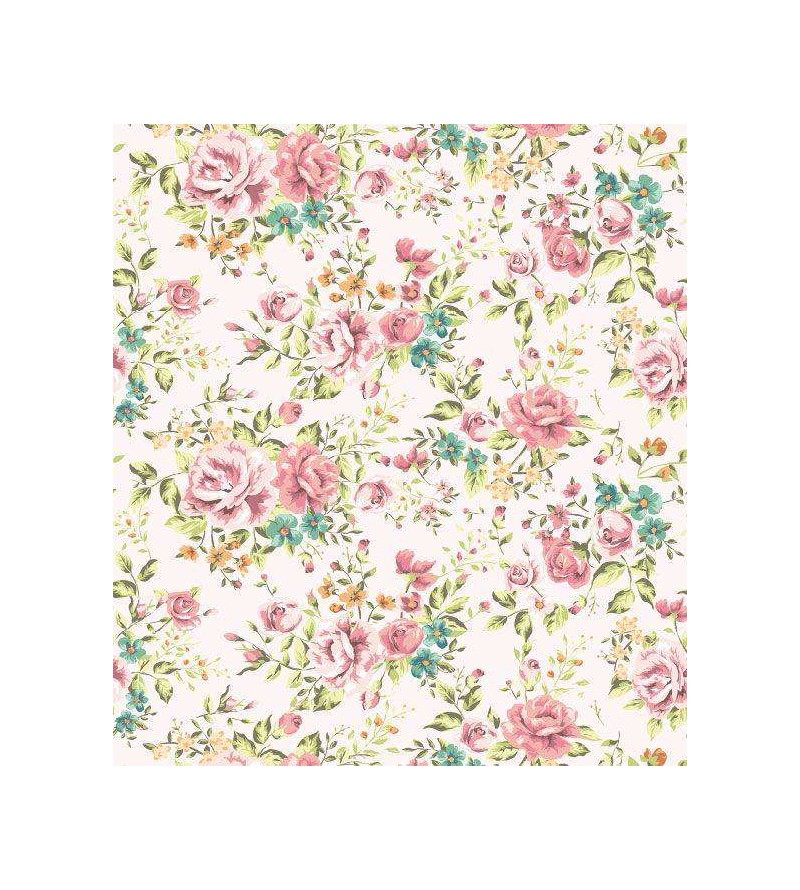 Papel de parede romântico flores na cor laranja, rosa e folhas verdes com fundo branco