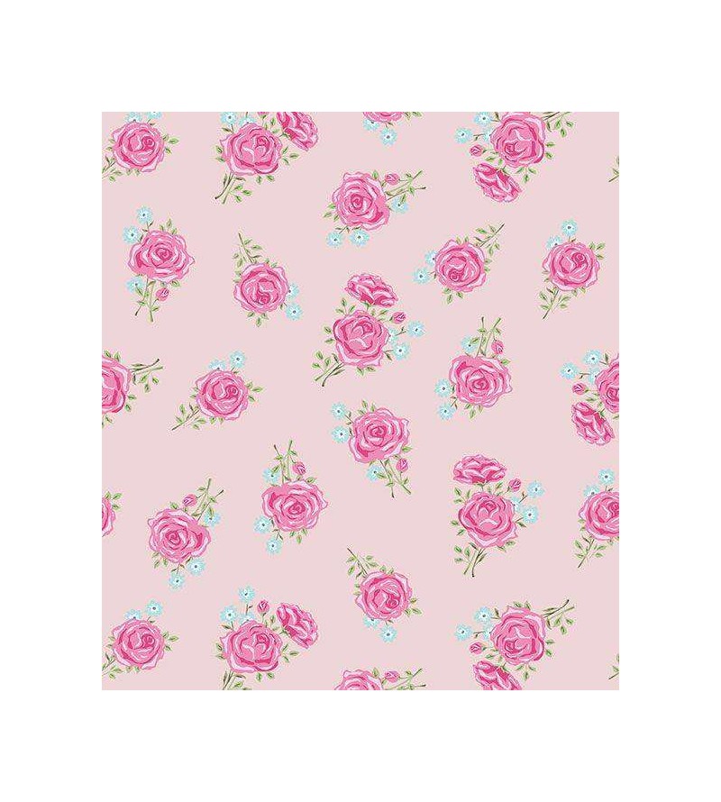 Papel de parede com fundo rosa claro, flores em tons rosa e azul, e folhas em tons verdes - Rose 09