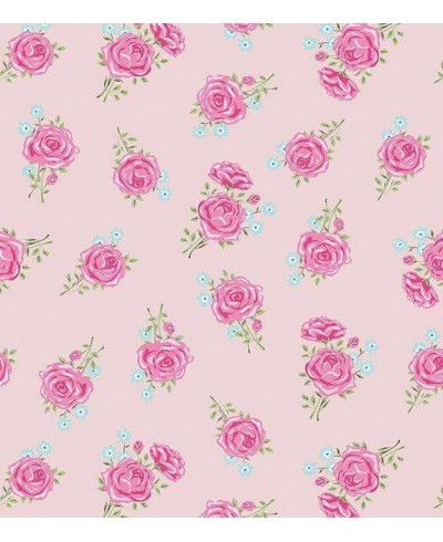 Papel de parede com fundo rosa claro, flores em tons rosa e azul, e folhas em tons verdes - Rose 09