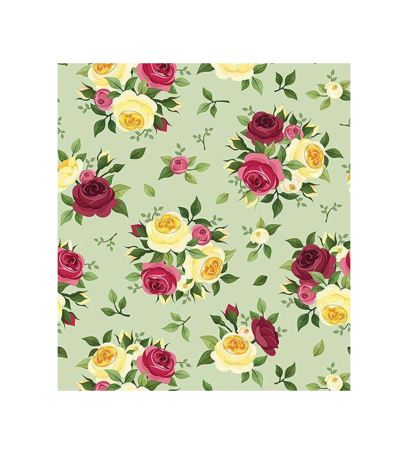 Papel de parede floral vintage fundo verde claro e detalhes em amarelo, vinho e rosa