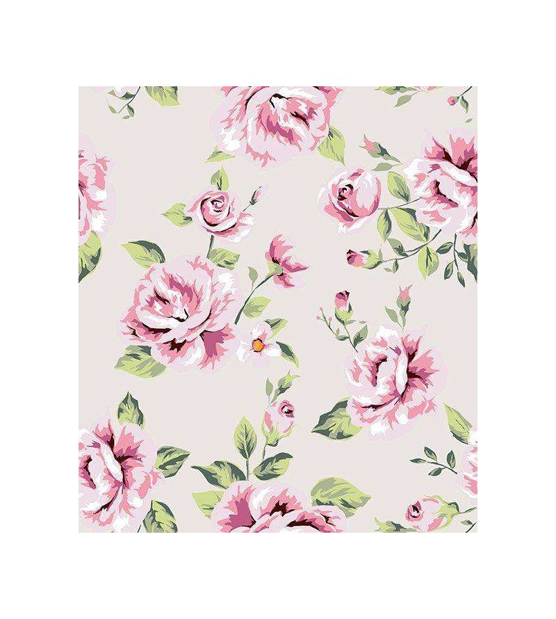 Papel de parede florais em fundo rosa claro e desenhos em amarelo, verde e rosa