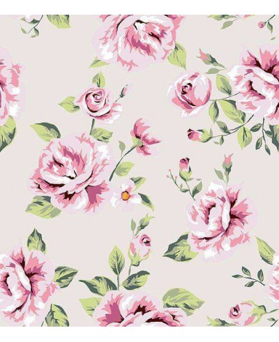 Papel de parede florais em fundo rosa claro e desenhos em amarelo, verde e rosa