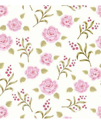 Papel de parede floral vintage com fundo bege claro e desenhos em verde e rosa Papel de parede floral vintage com fundo bege claro e desenhos em verde e rosa