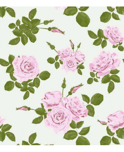 Papel de parede floral romântico fundo branco gelo, com detalhes em verde e rosa