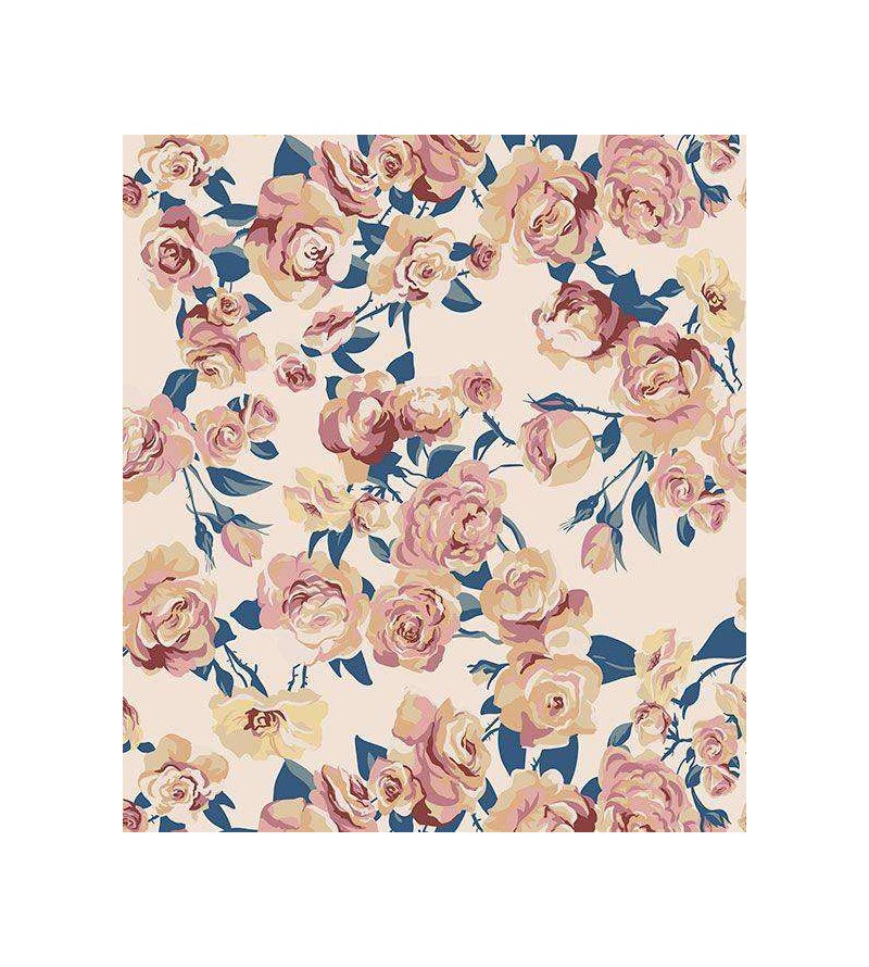 Papel de parede romântico em fundo rosa e flores em tons rosa, azul, cinza e amarelo