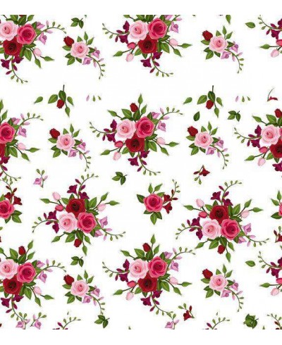 Papel de parede arranjo de flores nas cores verde, vinho, vermelho e rosa com fundo branco
