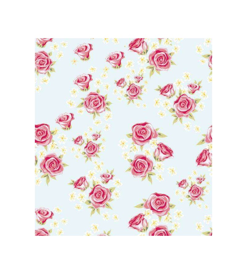Papel de parede floral romântico vintage com desenhos nas cores verde e rosa com detalhes amarelos e fundo azul acinzentado