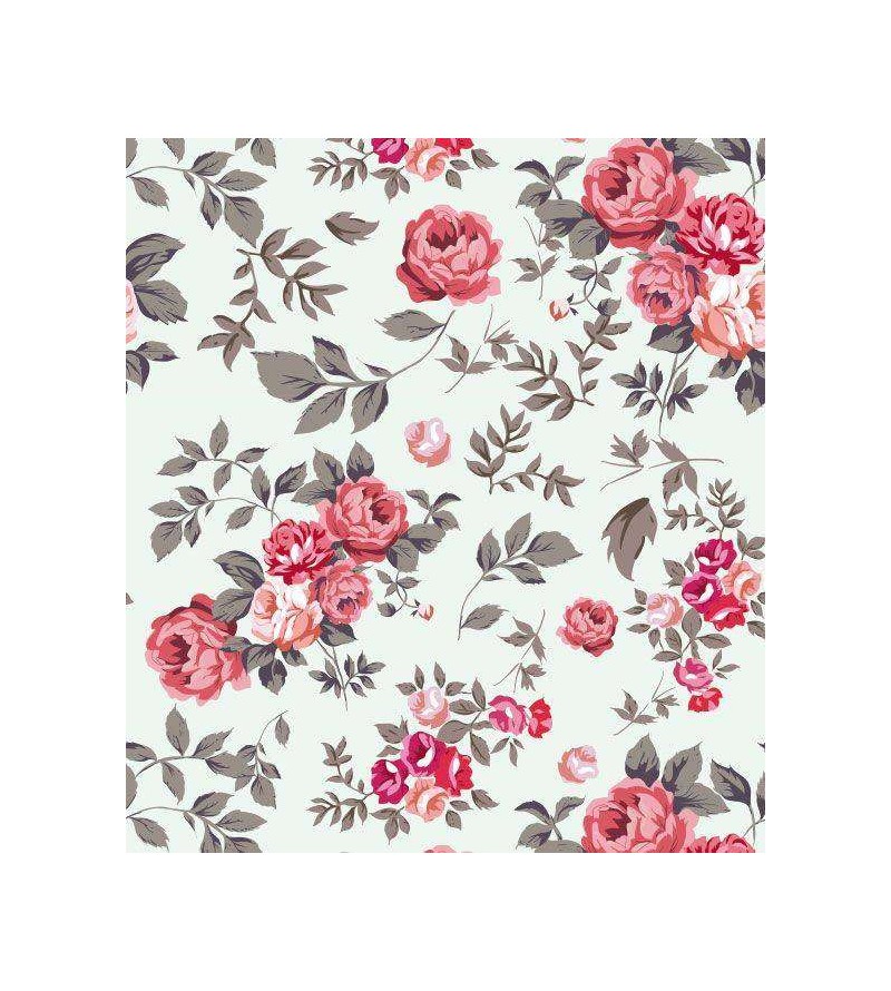 Papel de parede floral romance vermelho, rosa e cinza com fundo azul acinzentado