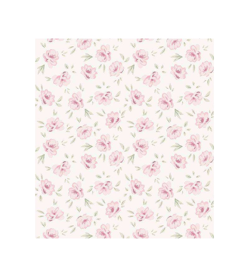 Papel de parede floral verde e rosa com fundo branco