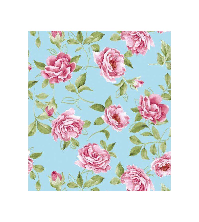 Papel de parede arranjo floral rosa com folhas verdes e fundo azul
