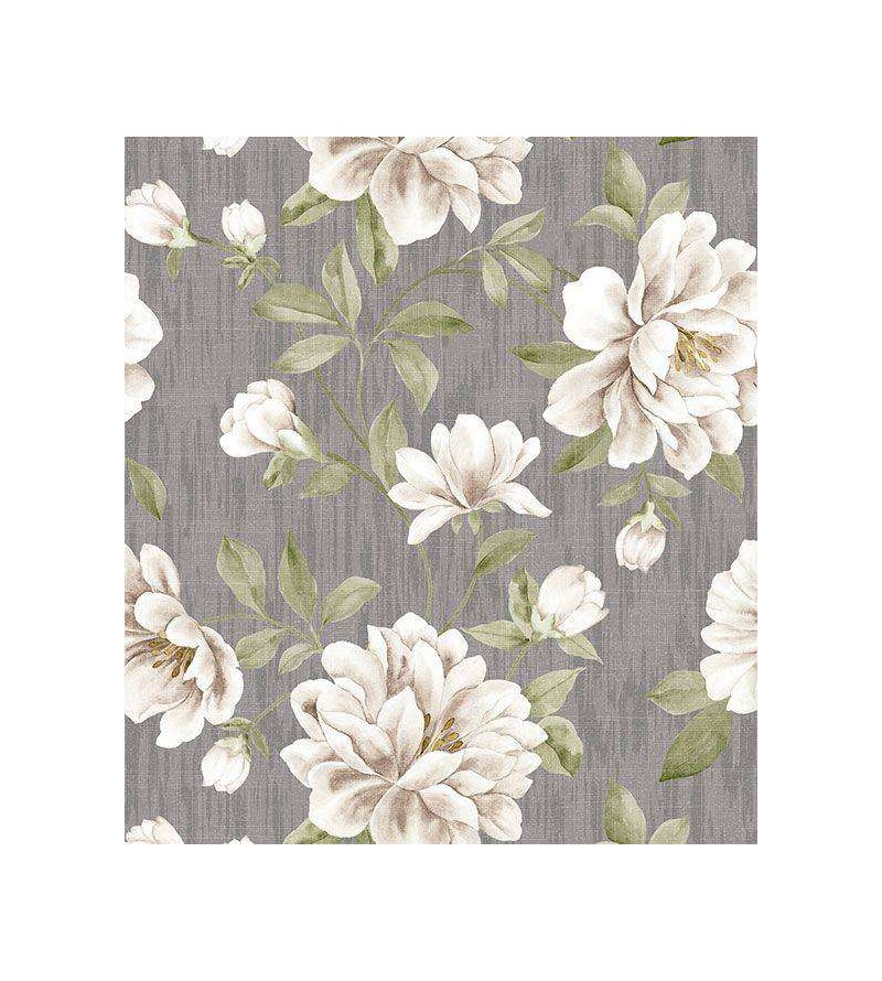 Papel de parede em tons cinza, com desenhos em tons verde, bege e pequenos detalhes amarelos - Dream 15