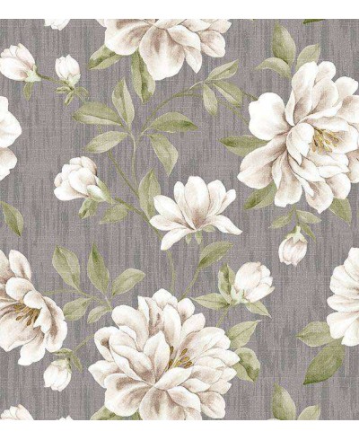 Papel de parede em tons cinza, com desenhos em tons verde, bege e pequenos detalhes amarelos - Dream 15