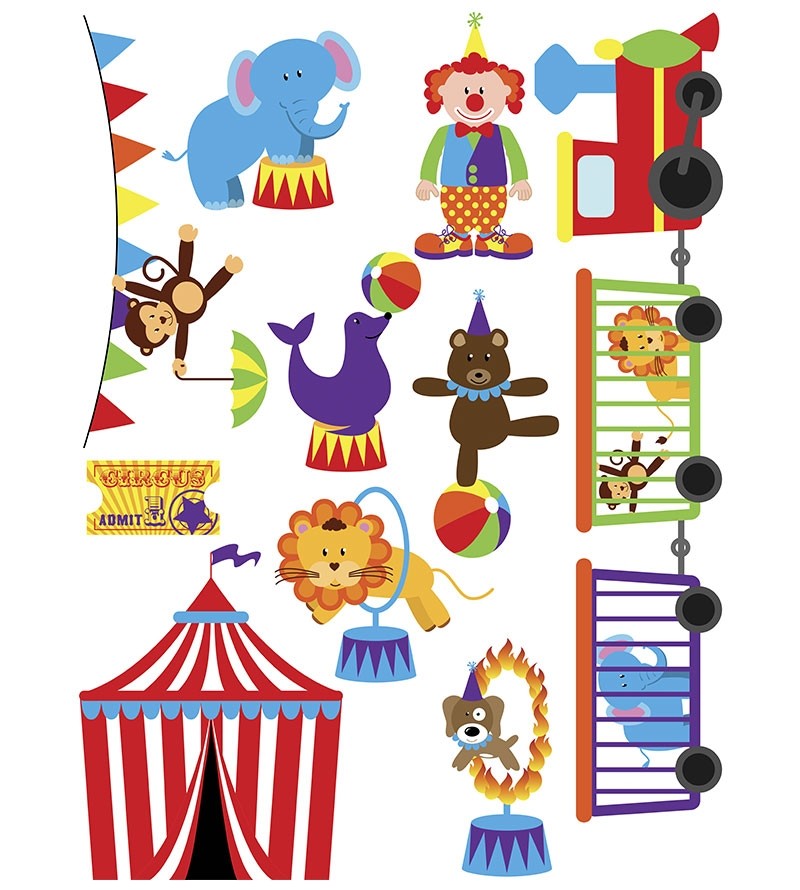 Sticker tema circo com leão, urso, cachorro, foca e macaco