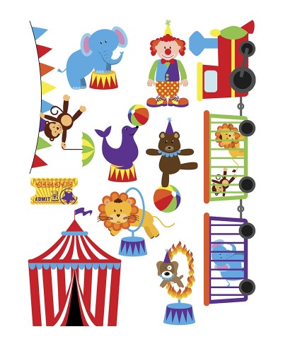 Sticker tema circo com leão, urso, cachorro, foca e macaco