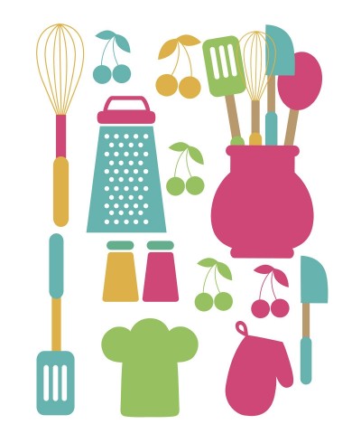 Sticker tema cozinha com utensílios coloridos infantis