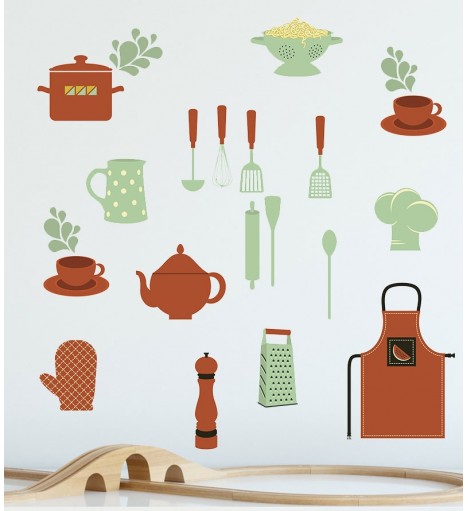 Sticker de Cozinha com Utensílios em tons de verde e vermelho