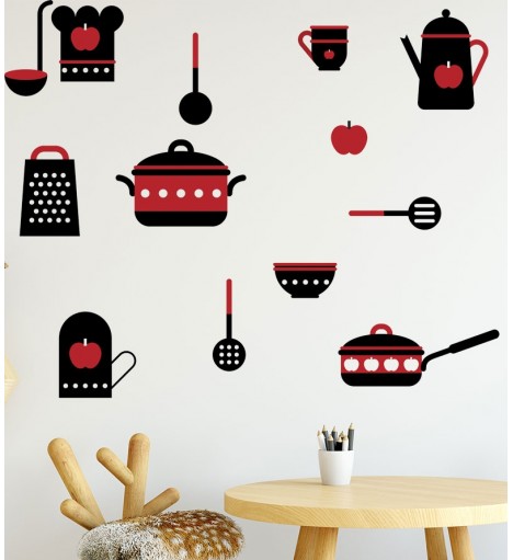 Sticker Cozinha com Utensílios em Tons de Preto e Vermelho