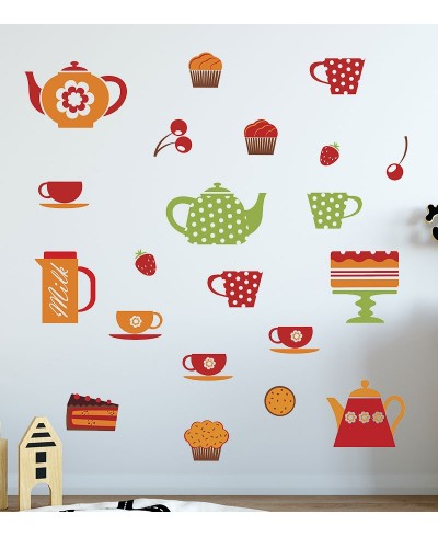 Sticker tema cozinha com utensílios coloridos e café da manhã