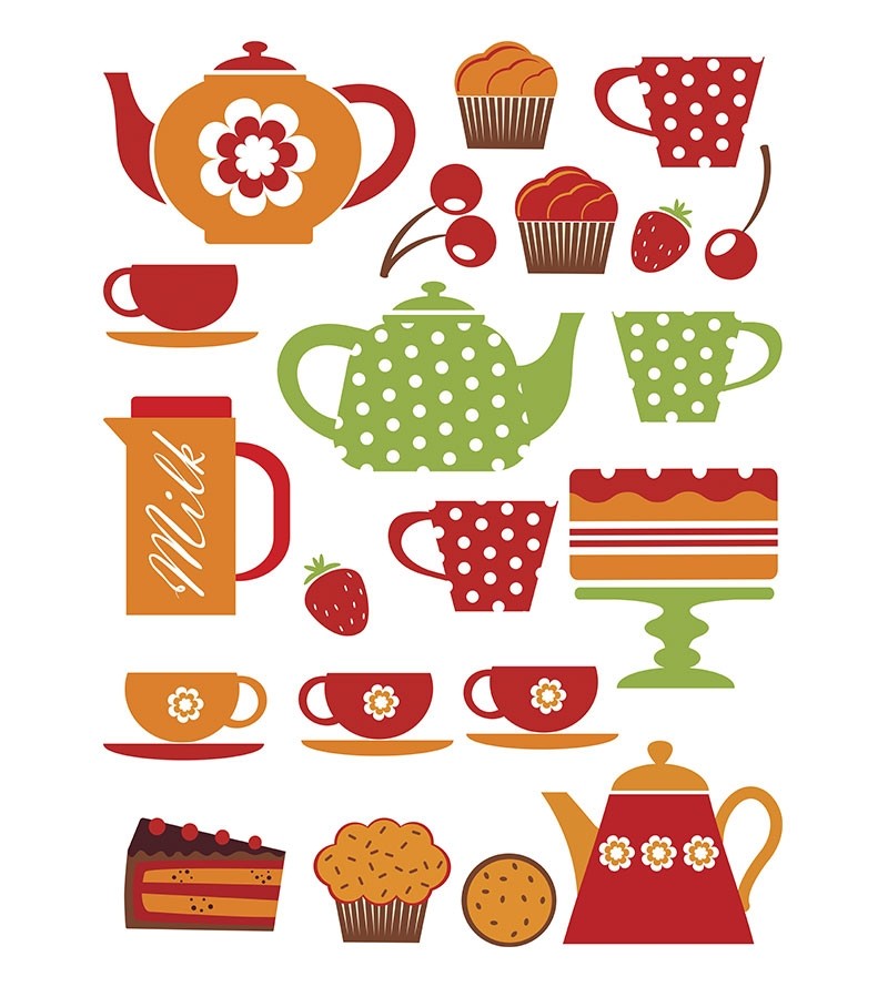 Sticker tema cozinha com utensílios coloridos e café da manhã