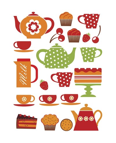 Sticker tema cozinha com utensílios coloridos e café da manhã