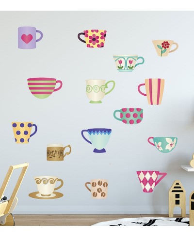 Sticker tema cozinha com xícaras coloridas de café da manhã infantil