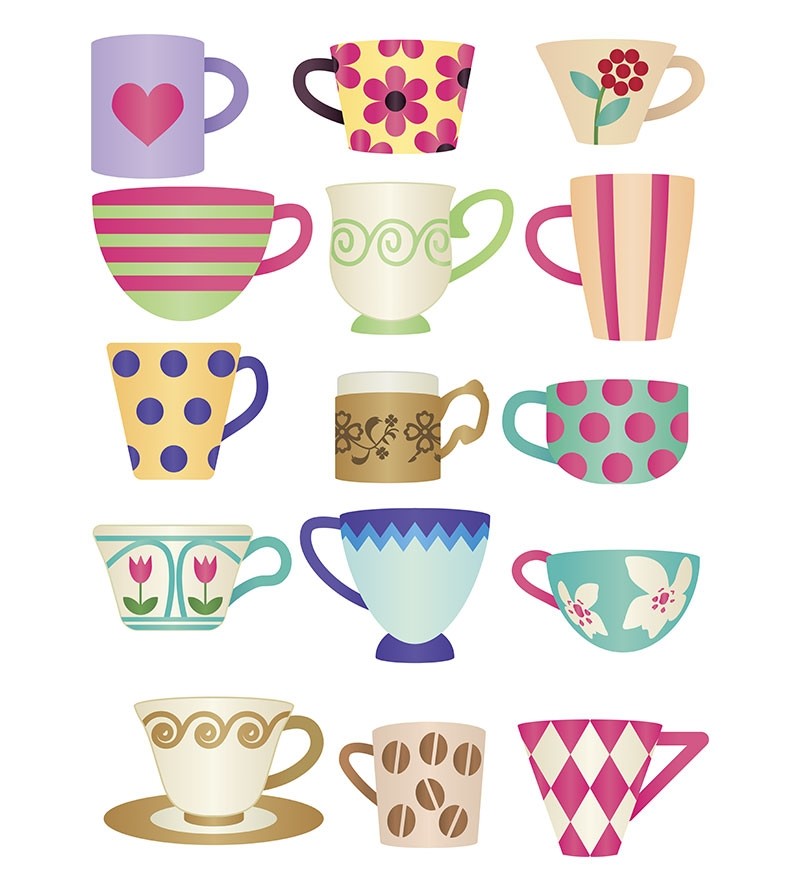 Sticker tema cozinha com xícaras coloridas de café da manhã infantil