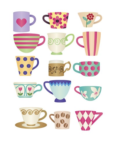 Sticker tema cozinha com xícaras coloridas de café da manhã infantil