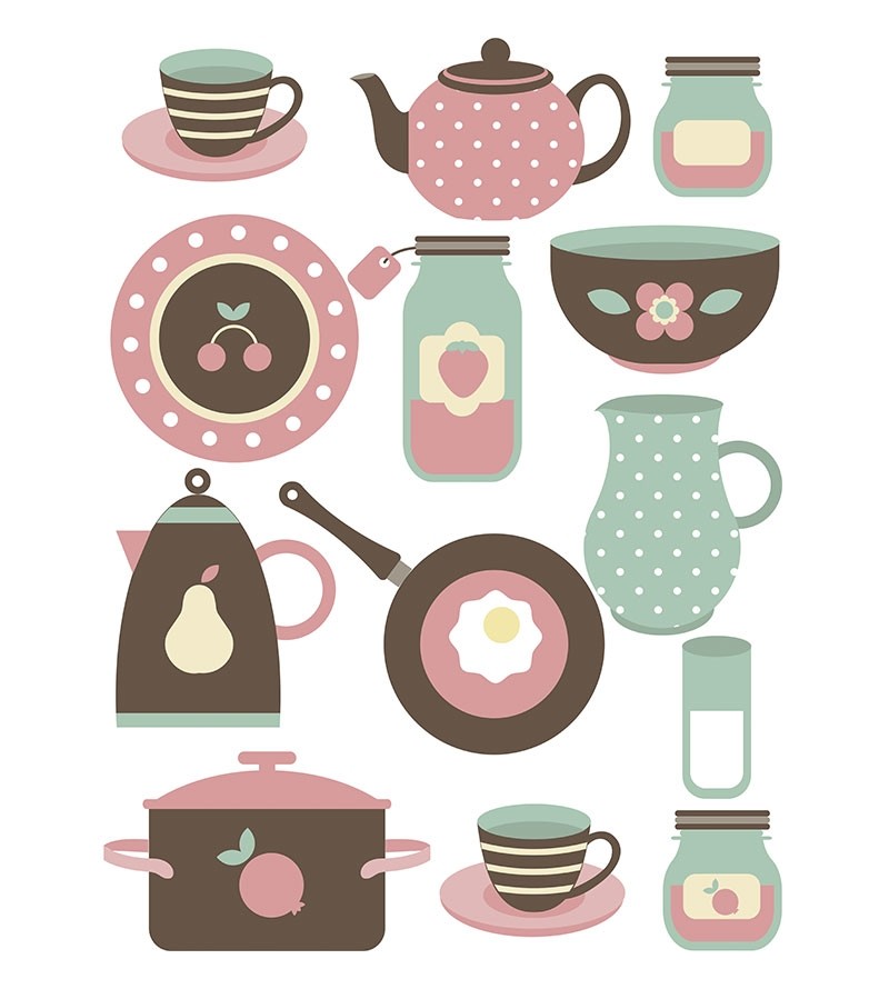 Sticker tema cozinha com utensílios em tons de verde e rosa infantil