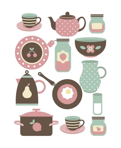 Sticker tema cozinha com utensílios em tons de verde e rosa infantil Sticker tema cozinha com utensílios em tons de verde e rosa infantil