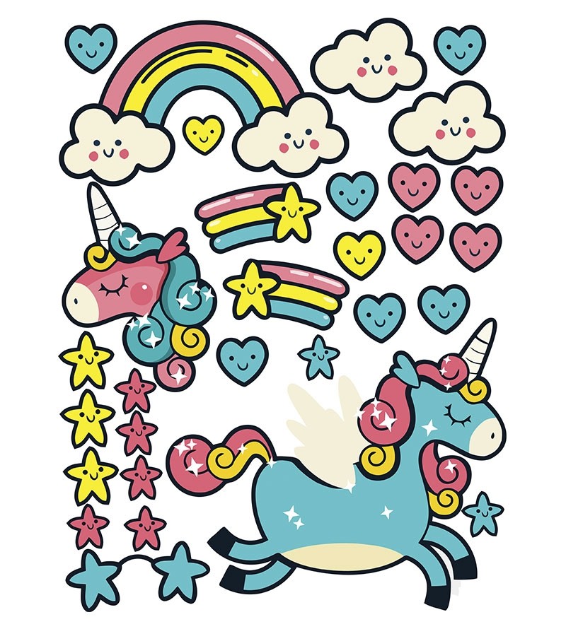 Sticker tema unicórnio em tons de azul, rosa e amarelo infantil