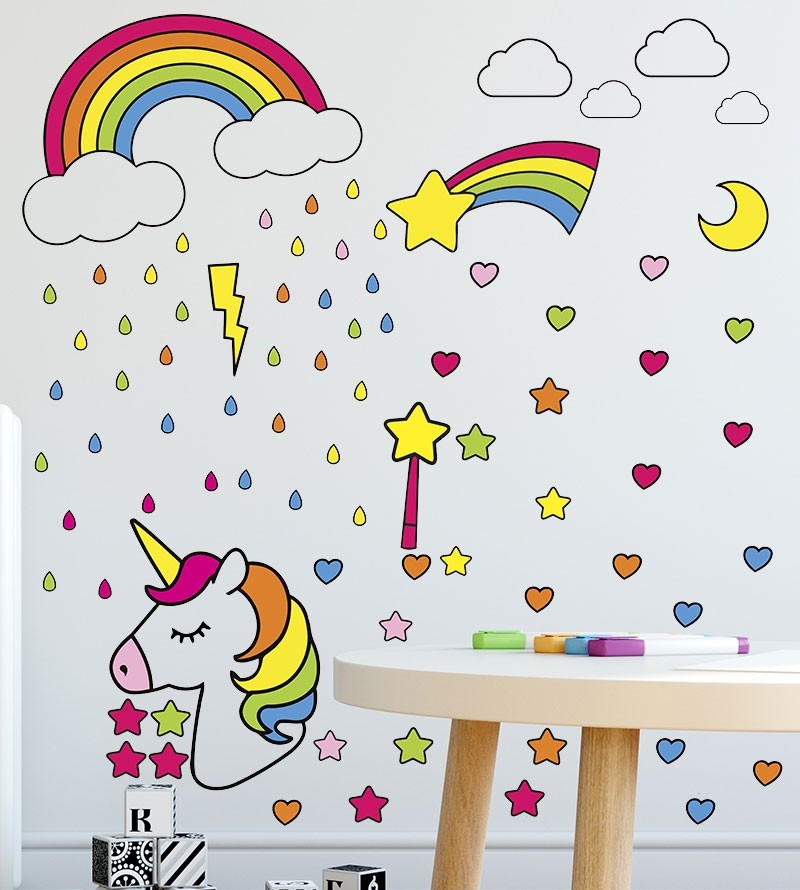 Sticker tema unicórnio, estrelas, corações, arco-íris e chuva colorida