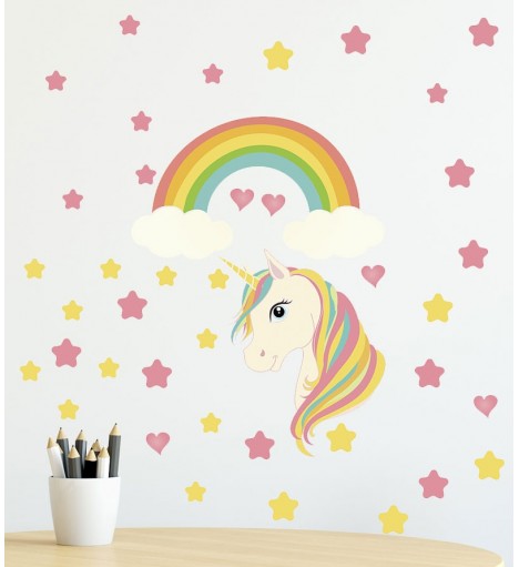 Sticker Unicórnio com Estrelas e Corações Coloridos e Arco-íris