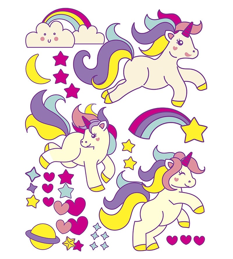 Sticker com 3 unicórnios, corações e estrelas coloridas infantis