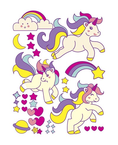 Sticker com 3 unicórnios, corações e estrelas coloridas infantis