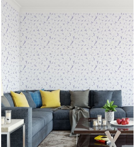 Papel de parede com fundo branco e detalhes em tons lilás - Dream 67