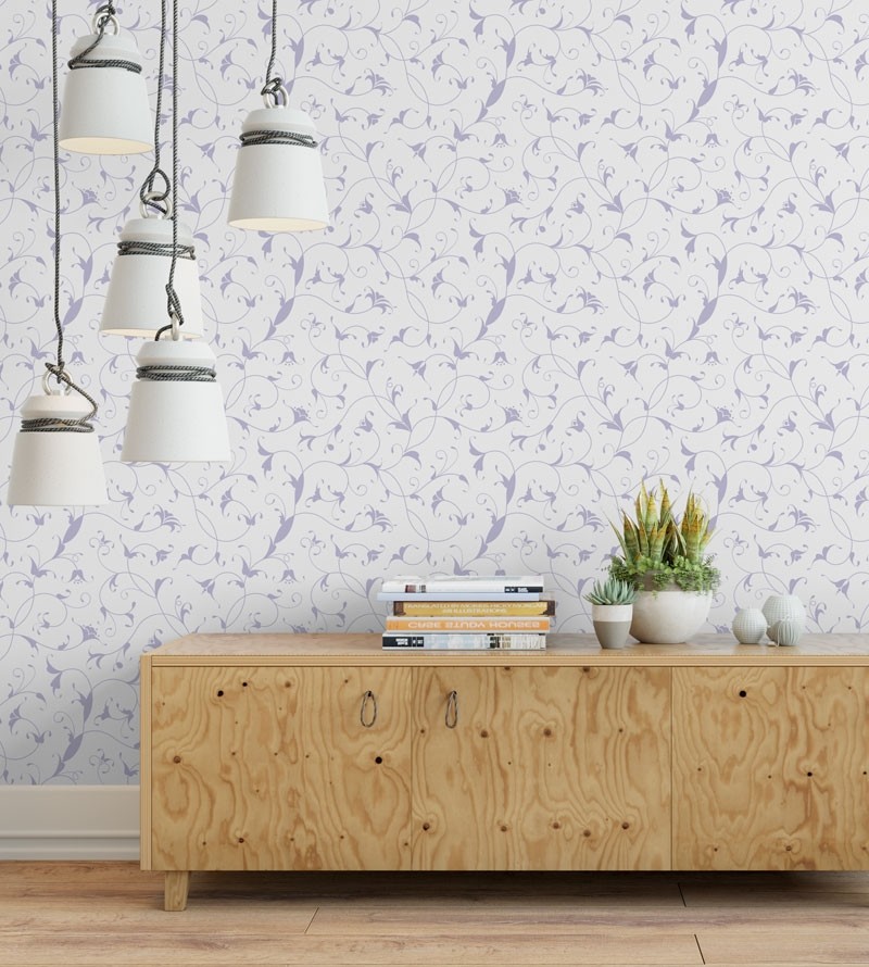 Papel de parede com fundo branco e detalhes em tons lilás - Dream 67