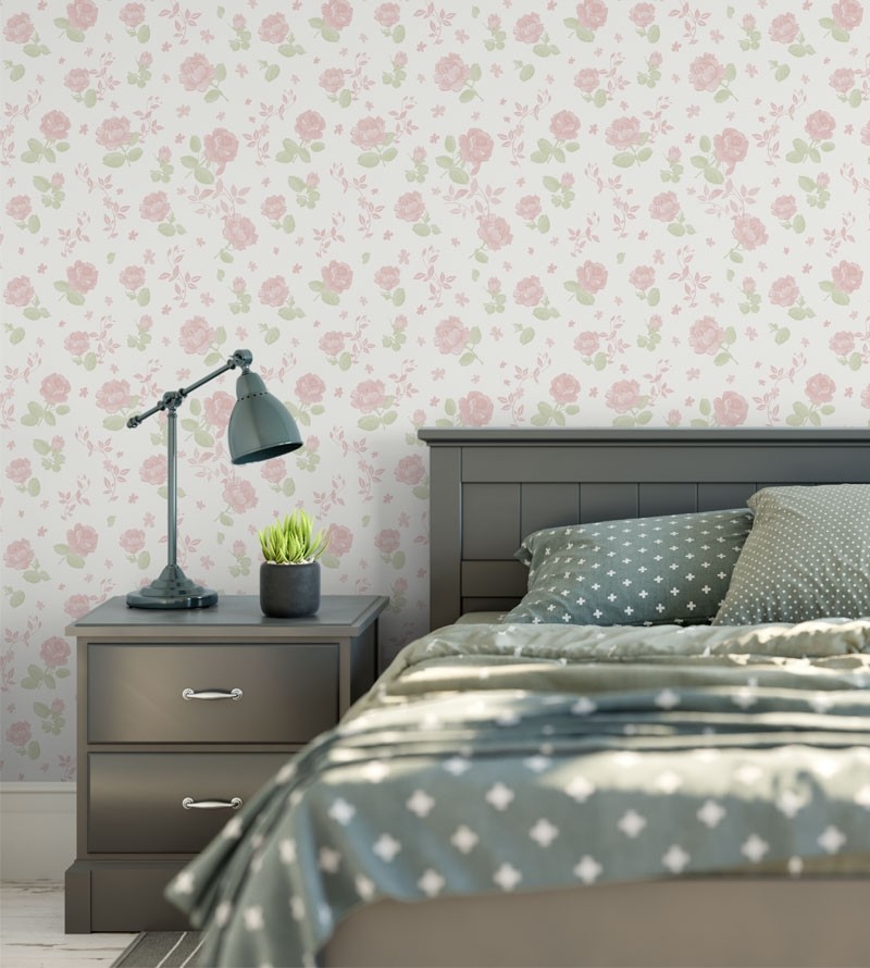 Papel de parede floral romance com fundo branco e flores rosa