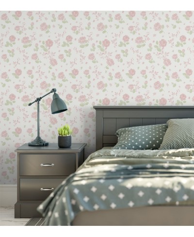 Papel de parede floral romance com fundo branco e flores rosa